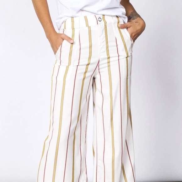 NEW RVCA SIZE XL White Fully Noted pants in stripe Wide Leg ankle length - Picture 9 of 10